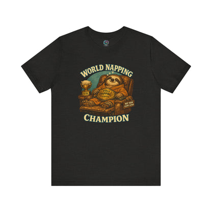 Black Heather World Napping Champion T-Shirt with cozy sloth illustration, nap trophy, and retro lettering
