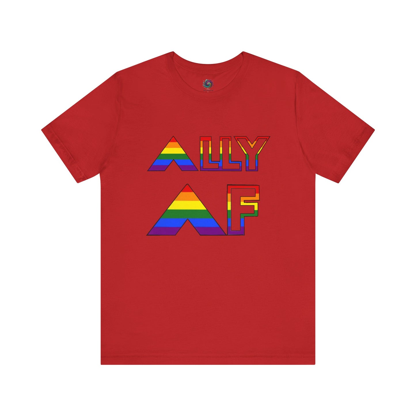 ALLY AF Pride T-Shirt – Bold LGBTQ+ Support Tee for Loud Allies in red with rainbow-themed bold lettering for proud supporters.