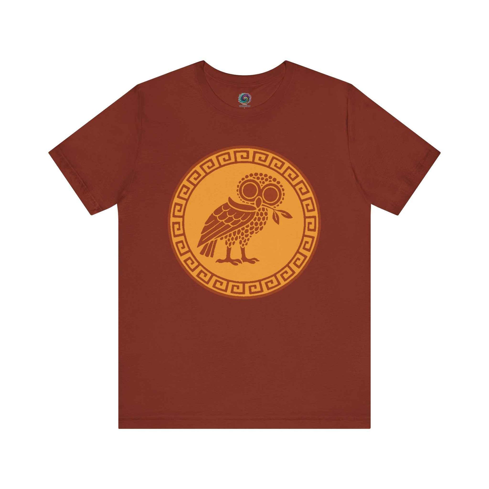 Red Athena’s Owl T-Shirt from WhimSpin on a white background