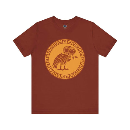 Red Athena’s Owl T-Shirt from WhimSpin on a white background