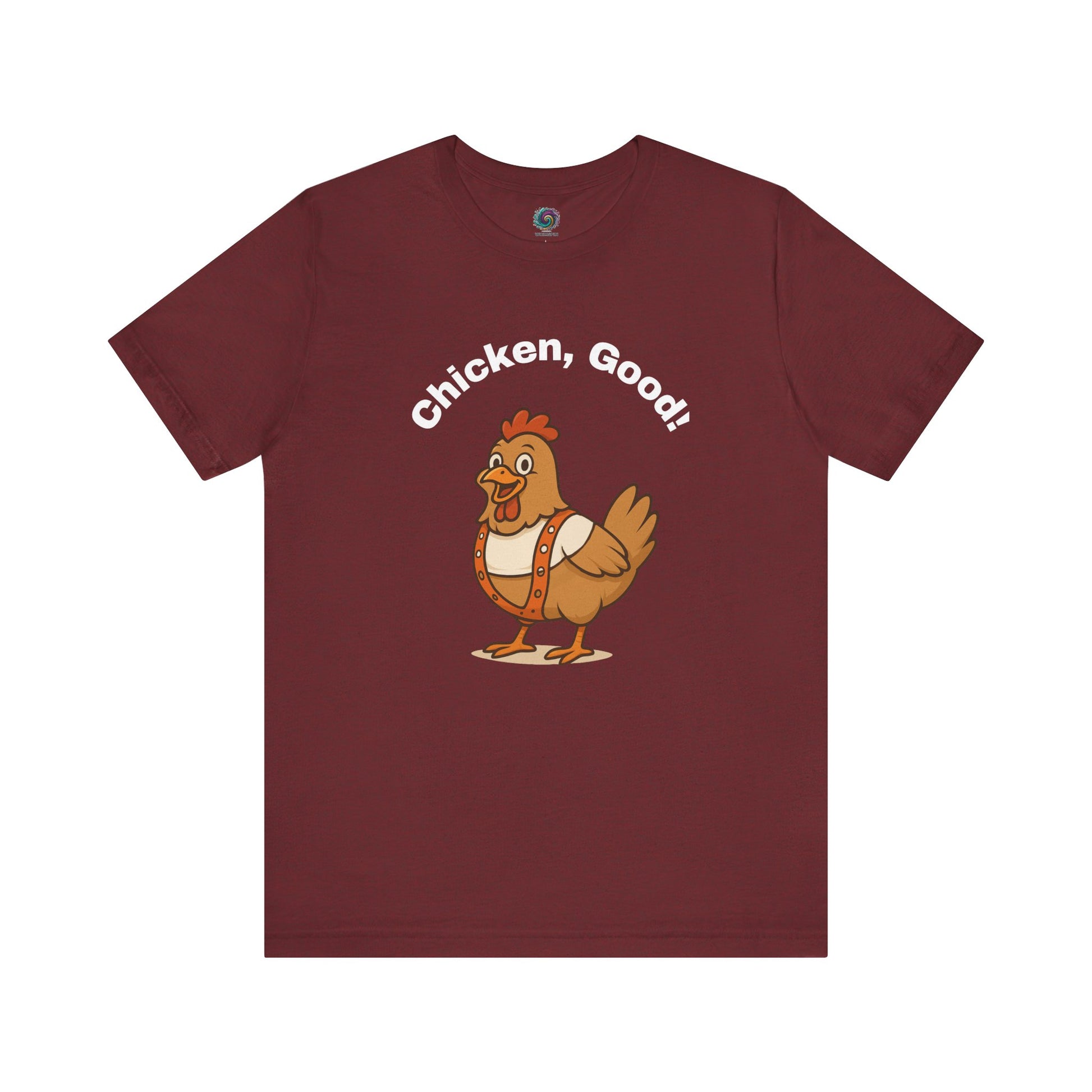 Chicken Good T-Shirt – Sci-Fi Divine Being Parody Chicken Tee in heather cardinal flat lay featuring humorous cartoon poultry graphic