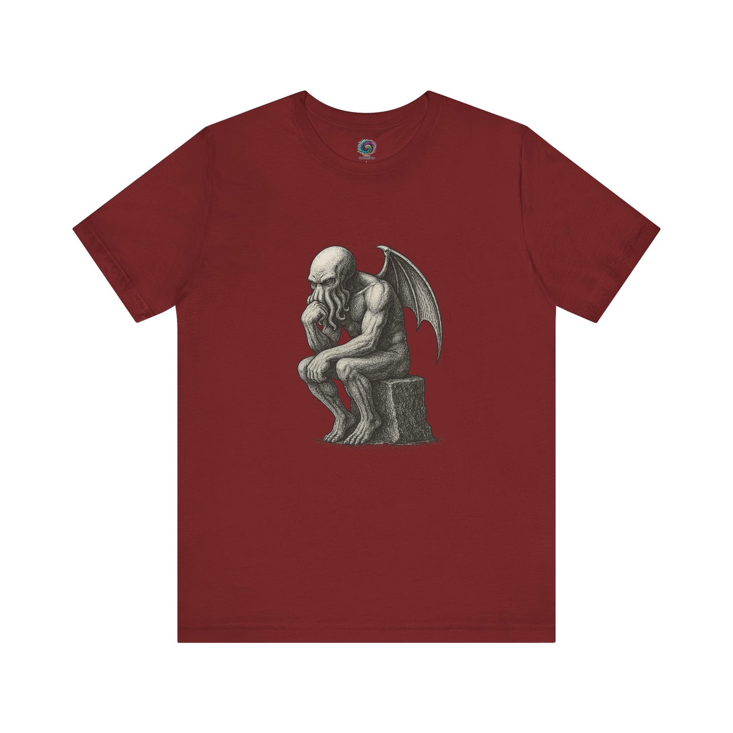 The Thinker Cthulhu Shirt – Lovecraftian Funny T-Shirt Unisex Graphic Tee in red with a bold thinker parody graphic for horror fans and mythos humor lovers.