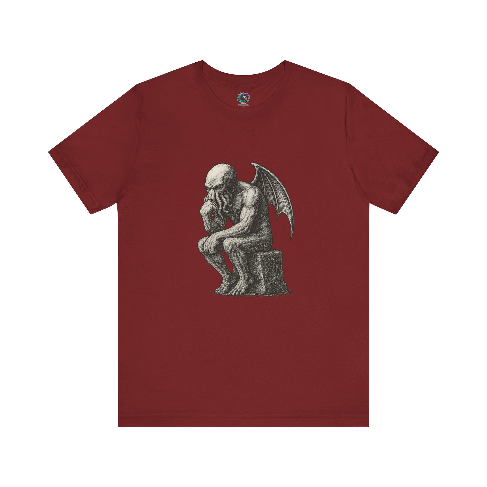 The Thinker Cthulhu Shirt – Lovecraftian Funny T-Shirt Unisex Graphic Tee in red with a bold thinker parody graphic for horror fans and mythos humor lovers.