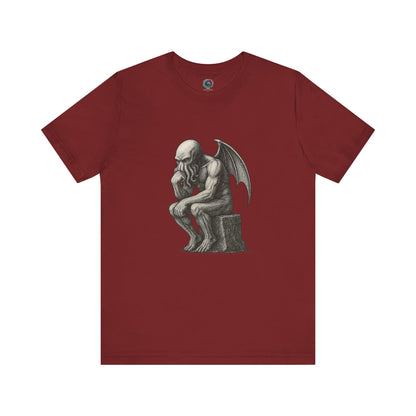 The Thinker Cthulhu Shirt – Lovecraftian Funny T-Shirt Unisex Graphic Tee in red with a bold thinker parody graphic for horror fans and mythos humor lovers.
