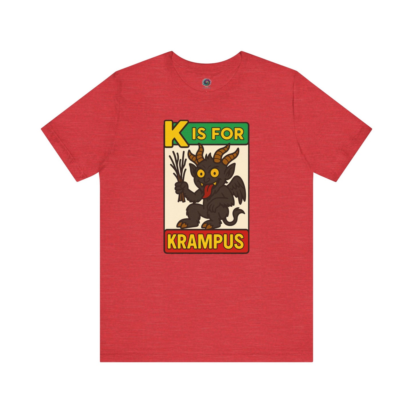 K is for Krampus Alphabet Holiday Graphic T-Shirt in Heather Red flat lay with colorful alphabet monster design