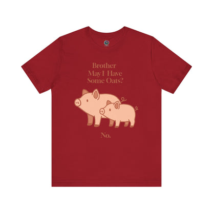 Brother May I Have Some Oats T-Shirt – Funny Viral Pig Meme Tee in canvas red with high-contrast oats meme artwork and pig illustration.