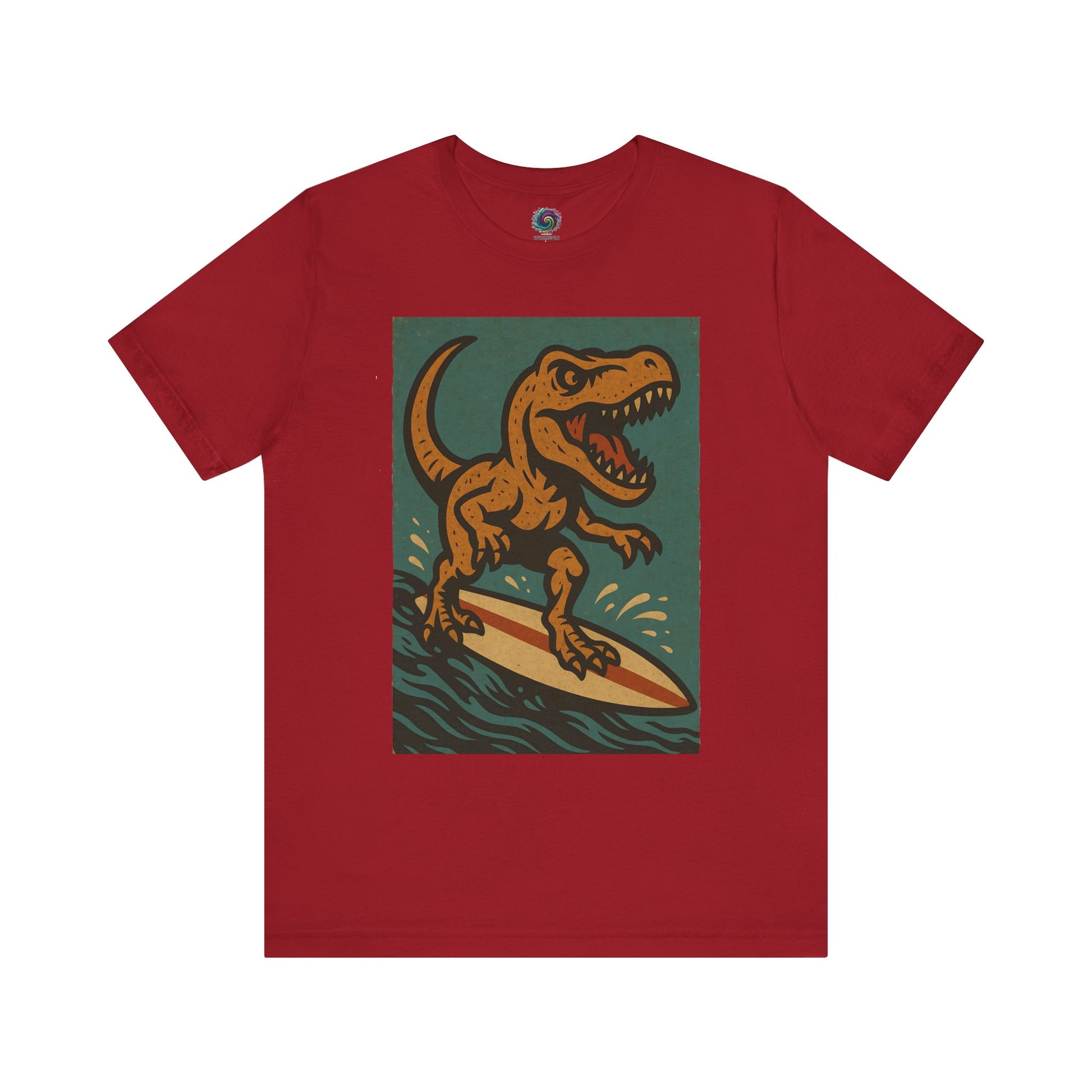 Red Surfing t-rex t shirt  from WhimSpin- A rearing t Rex riding a yellow surf board on the waves