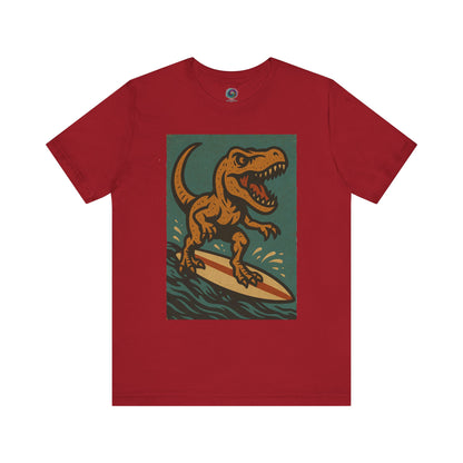 Red Surfing t-rex t shirt  from WhimSpin- A rearing t Rex riding a yellow surf board on the waves