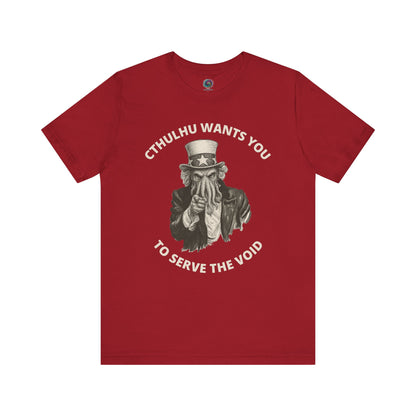 Cthulhu Wants You T-Shirt – Mythos Horror Tee for Lovecraft Fans in canvas red with a striking Cthulhu t-shirt graphic calling forth cultist vibes.