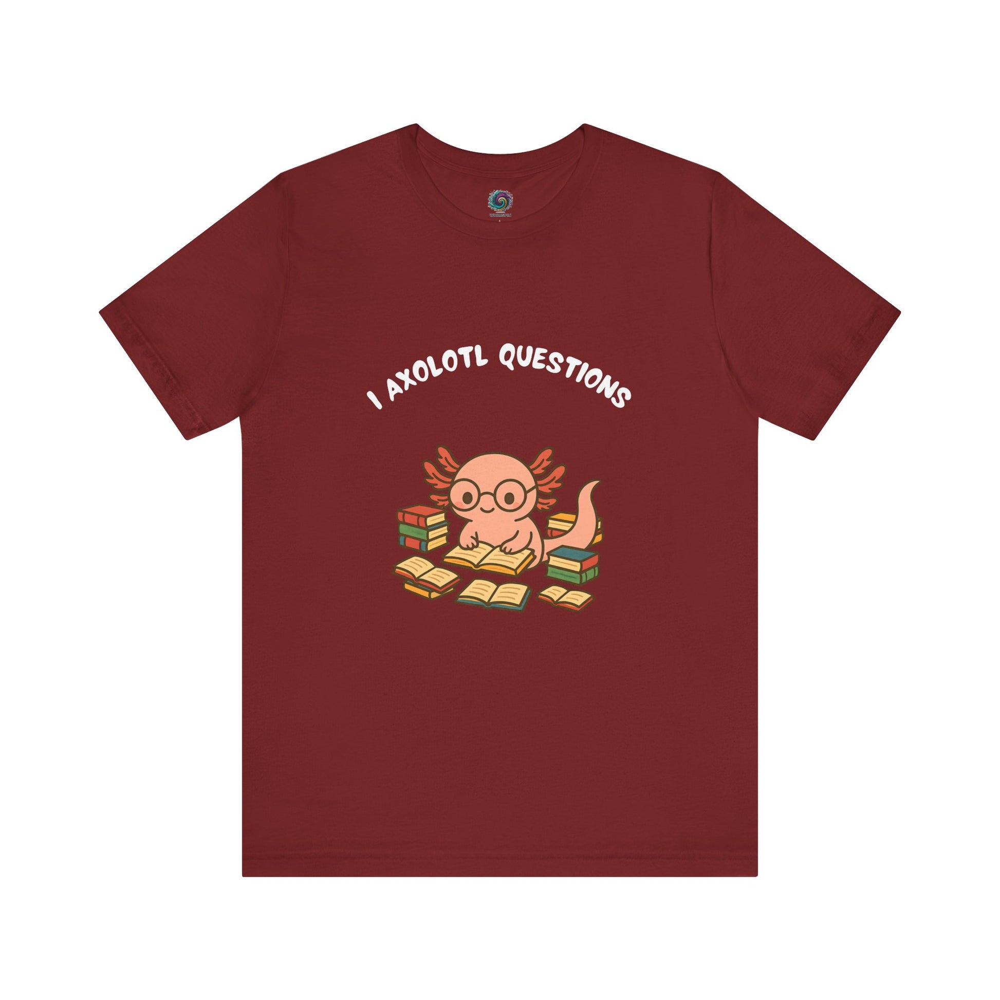 I Axolotl Questions T-Shirt – Funny Curious Axolotl Tee for Book Lovers Cardinal red axolotl questions t-shirt with a curious axolotl and open books — playful pun design