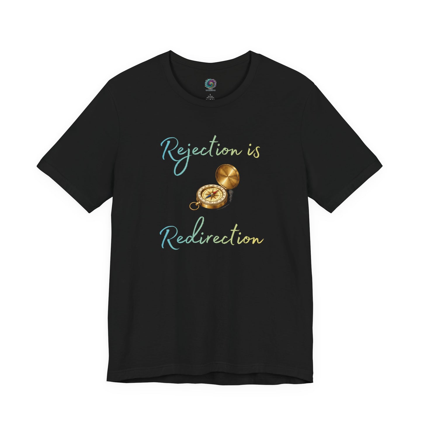 Rejection Is Redirection T-Shirt – Motivational Compass Quote Tee in black with the rejection is redirection shirt lettering and compass illustration centered on the chest