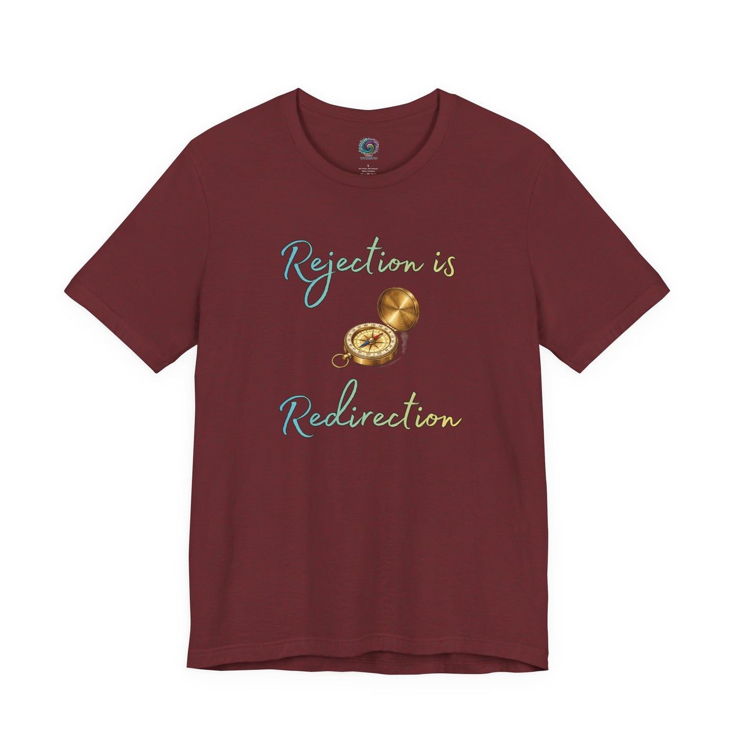 Rejection Is Redirection T-Shirt – Motivational Compass Quote Tee in heather cardinal with compass illustration and rejection motivational shirt message