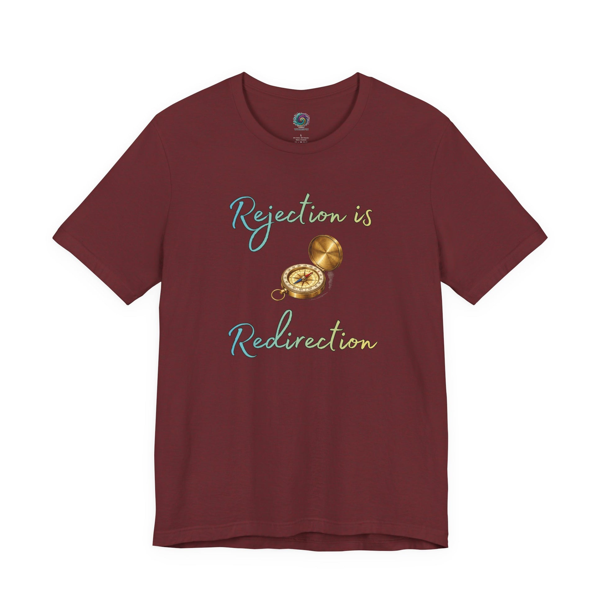 Rejection Is Redirection T-Shirt – Motivational Compass Quote Tee in heather cardinal with compass illustration and rejection motivational shirt message
