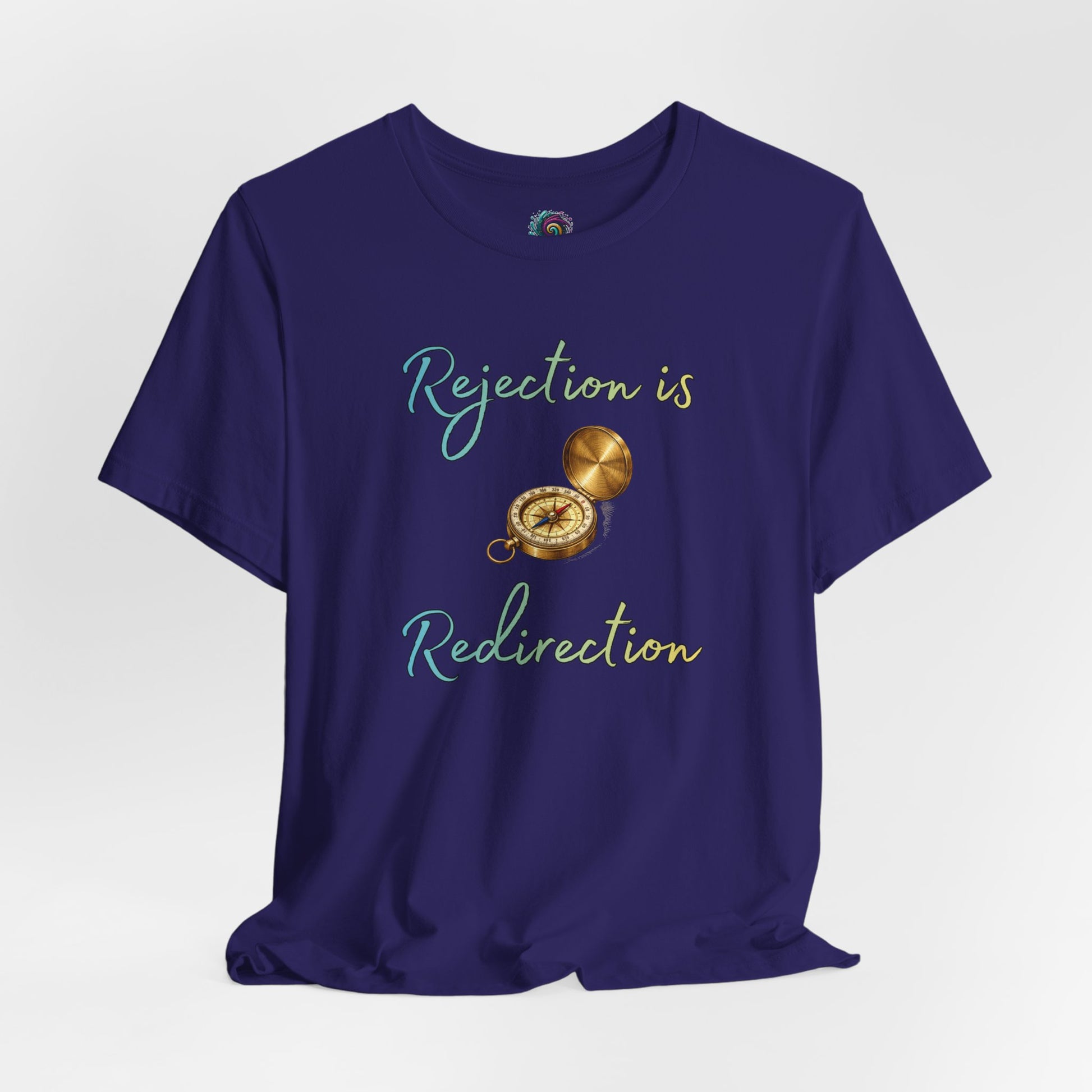 Rejection Is Redirection T-Shirt – Motivational Compass Quote Tee in team navy featuring the rejection is redirection quote and compass artwork