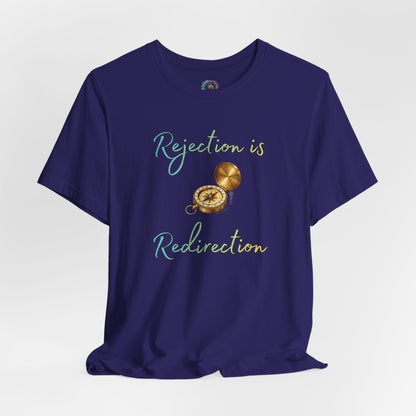 Rejection Is Redirection T-Shirt – Motivational Compass Quote Tee in team navy featuring the rejection is redirection quote and compass artwork