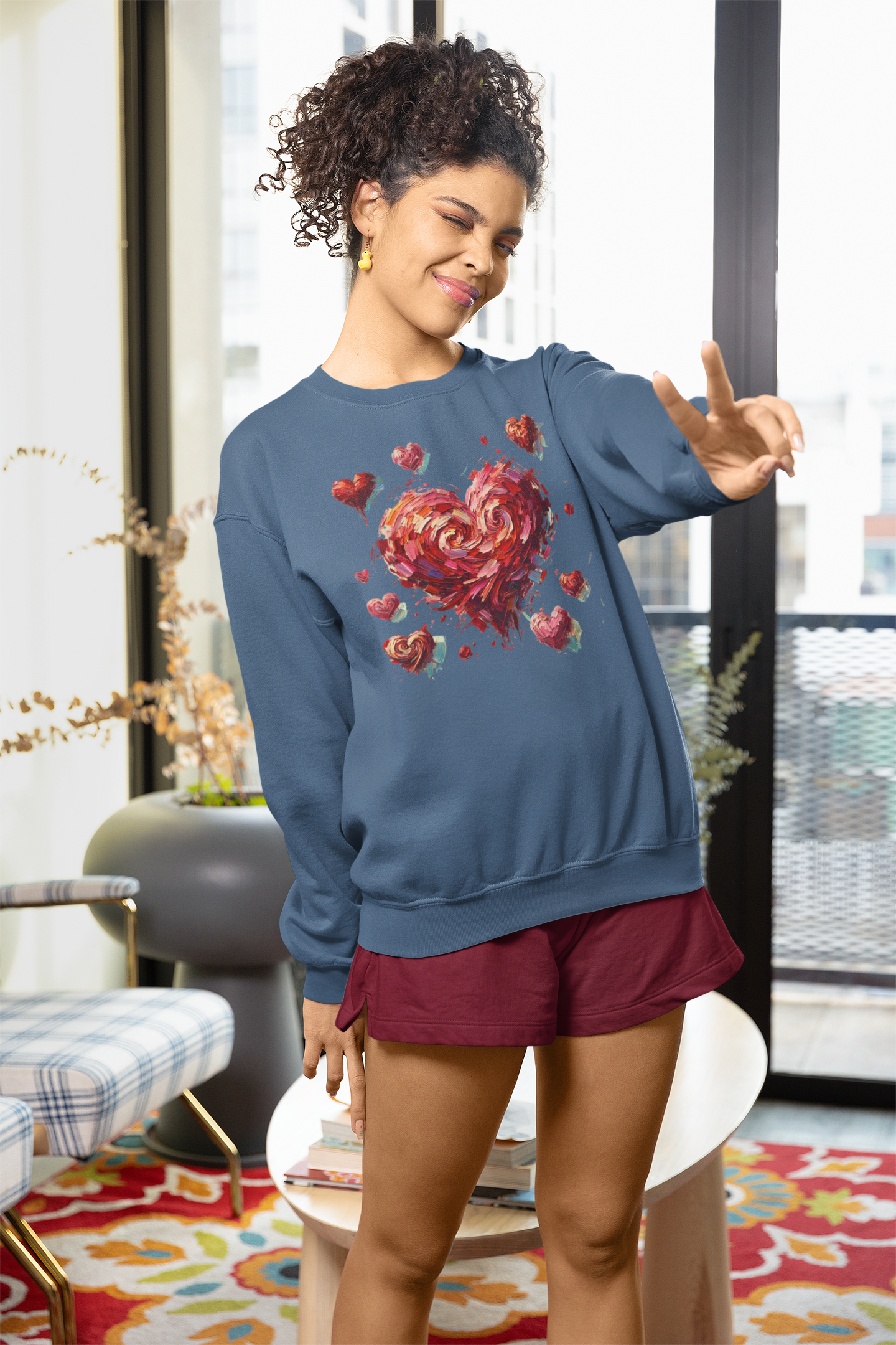 Cozy moment captured with the Impressionistic Heart Sweatshirt – soft Valentine's Day aesthetic