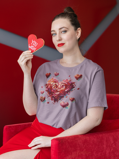Woman lounging on couch wears Orchid Impressionistic Heart T-Shirt – Artistic Valentine's Day Tee