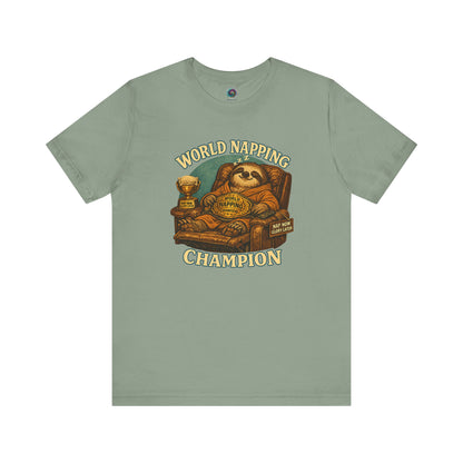 Sage World Napping Champion T-Shirt with humorous lounging sloth and oversized nap champion artwork