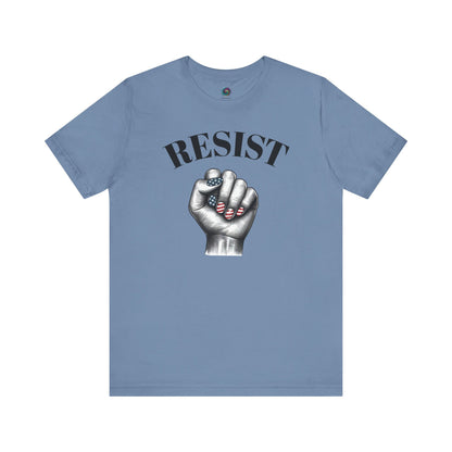 Resist Feminist Power Fist Tee in steel blue, featuring RESIST text and fist with patriotic flair.