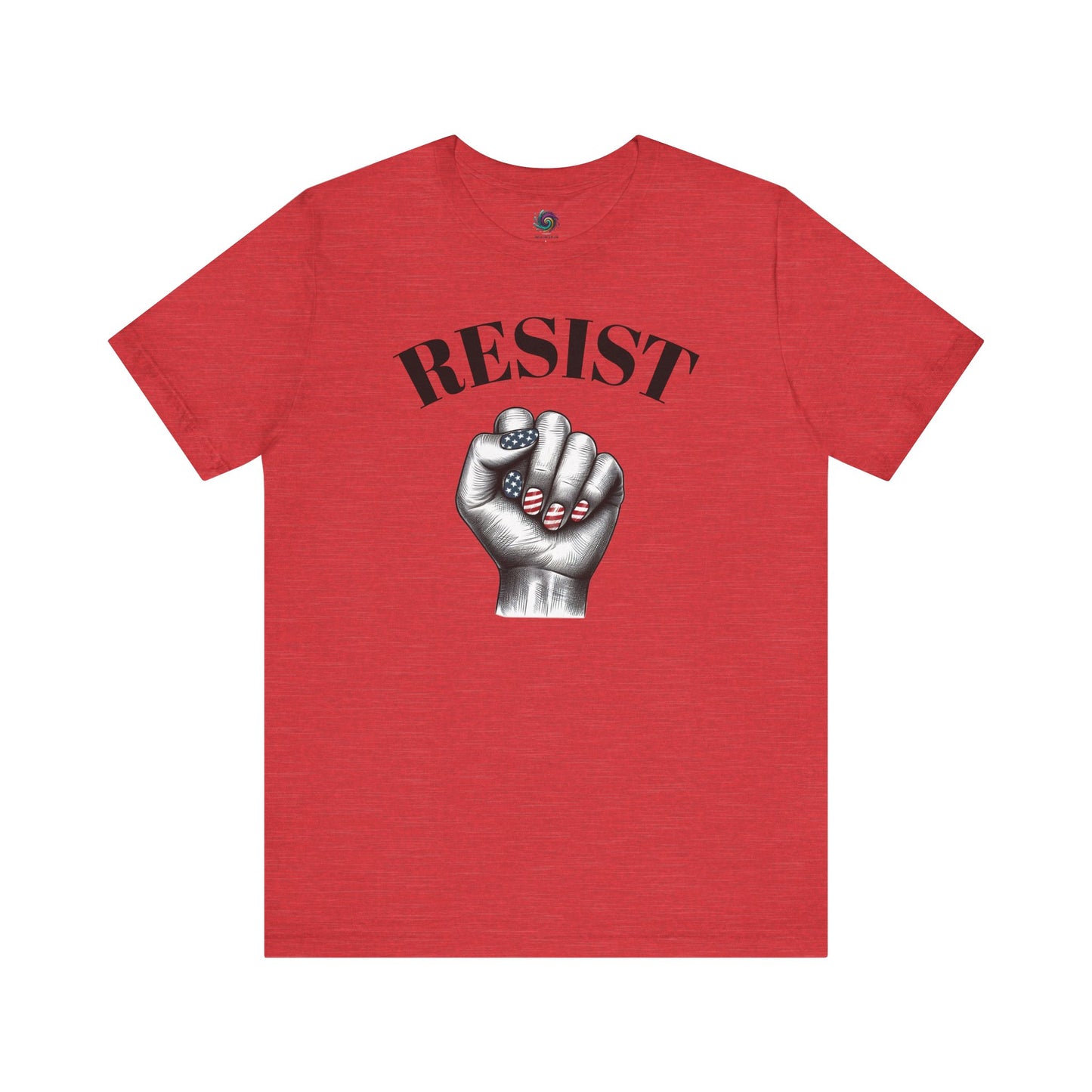 Resist Feminist Power Fist Tee in heather red, with patriotic nails and bold feminist fist design.