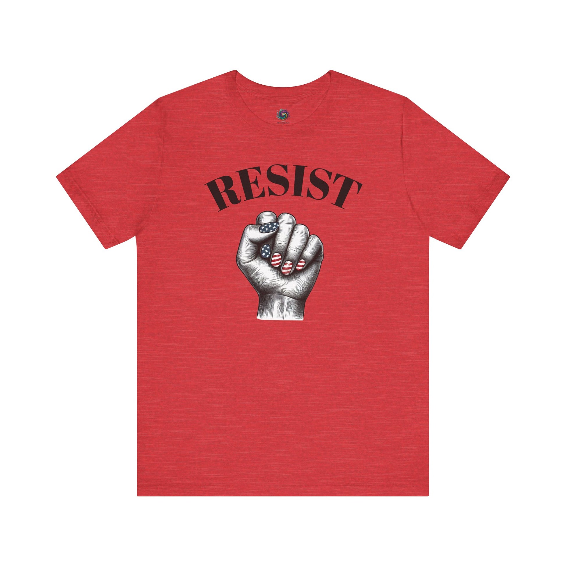 Resist Feminist Power Fist Tee in heather red, with patriotic nails and bold feminist fist design.