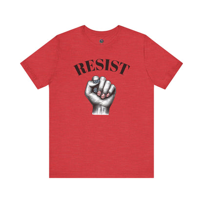 Resist Feminist Power Fist Tee in heather red, with patriotic nails and bold feminist fist design.