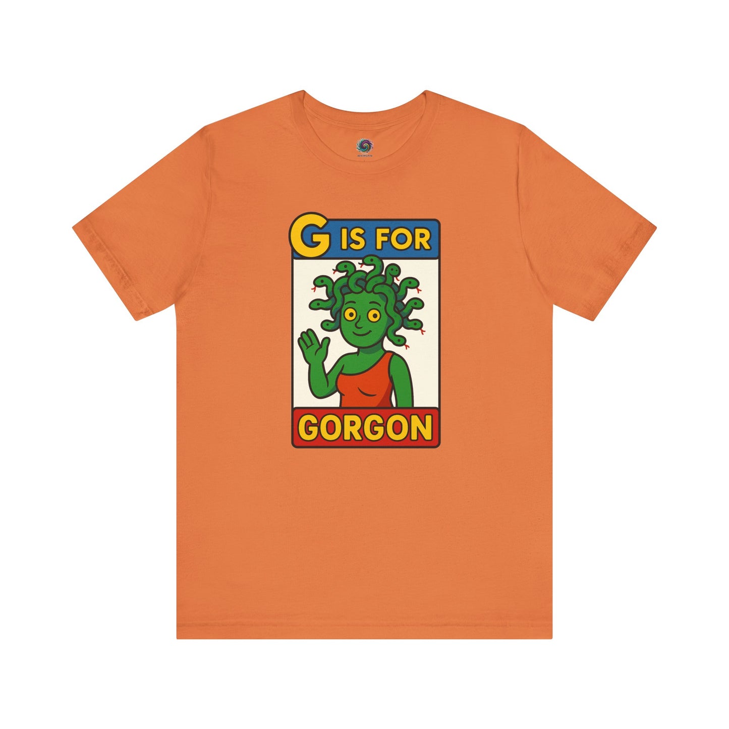 Burnt orange G is for Gorgon tshirt with alphabet card styling and green gorgon head artwork, fun halloween shirt.