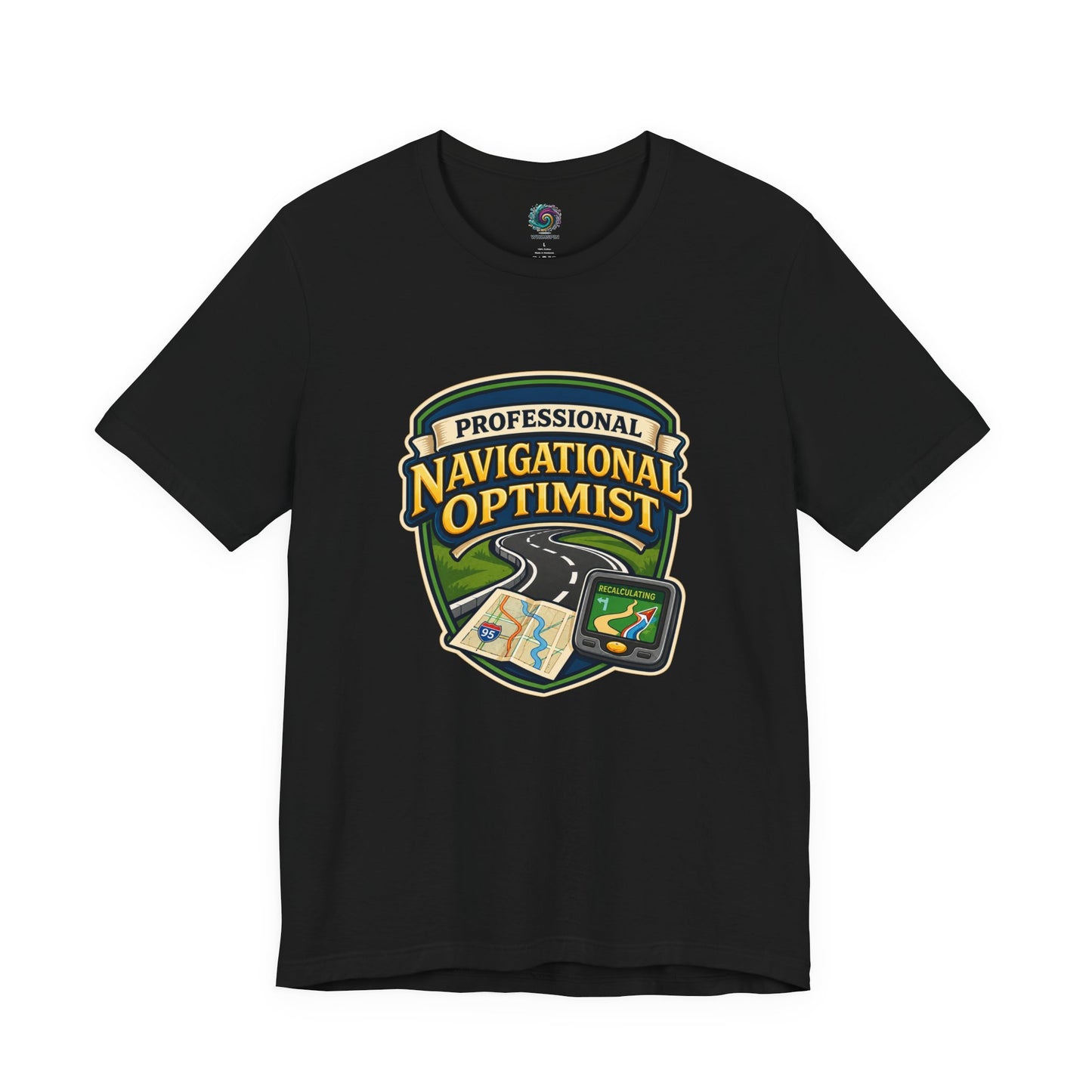 Black Professional Navigation Optimist Tee – For the Confidently Lost with vintage-style map and GPS illustration