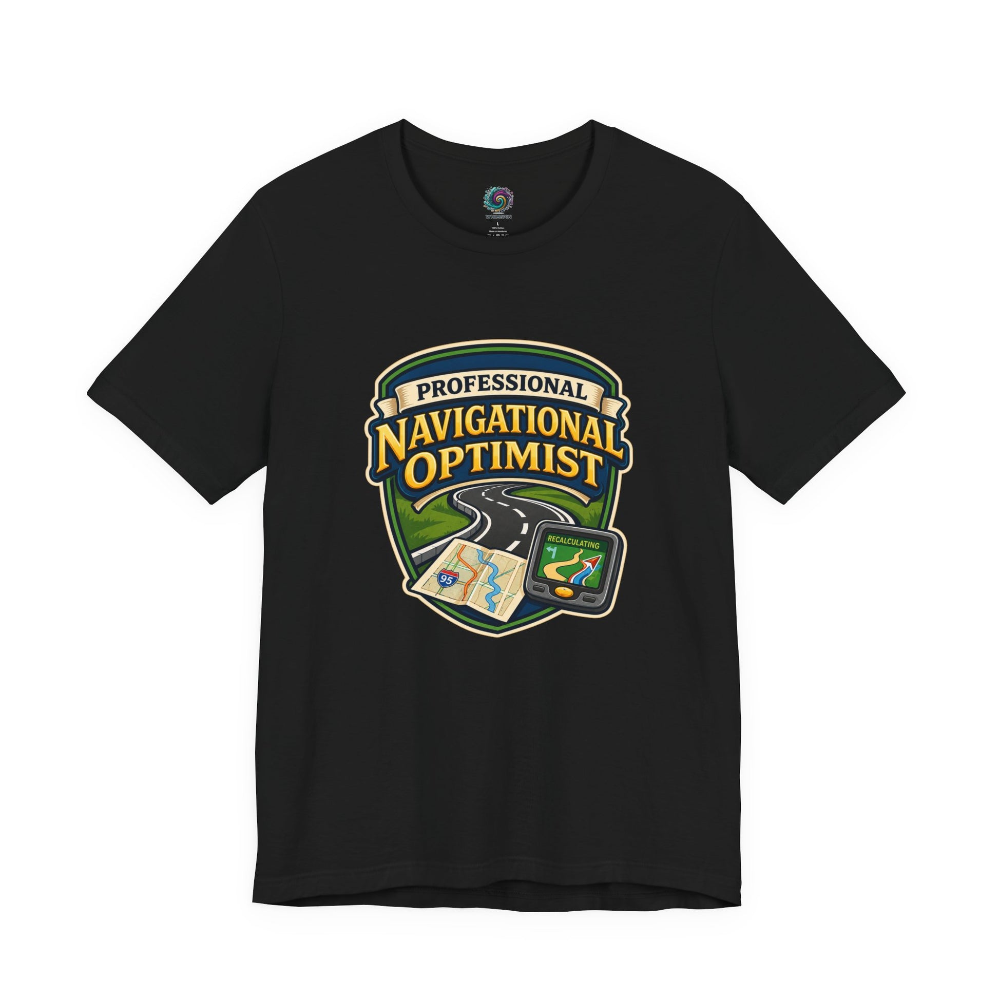 Black Professional Navigation Optimist Tee – For the Confidently Lost with vintage-style map and GPS illustration