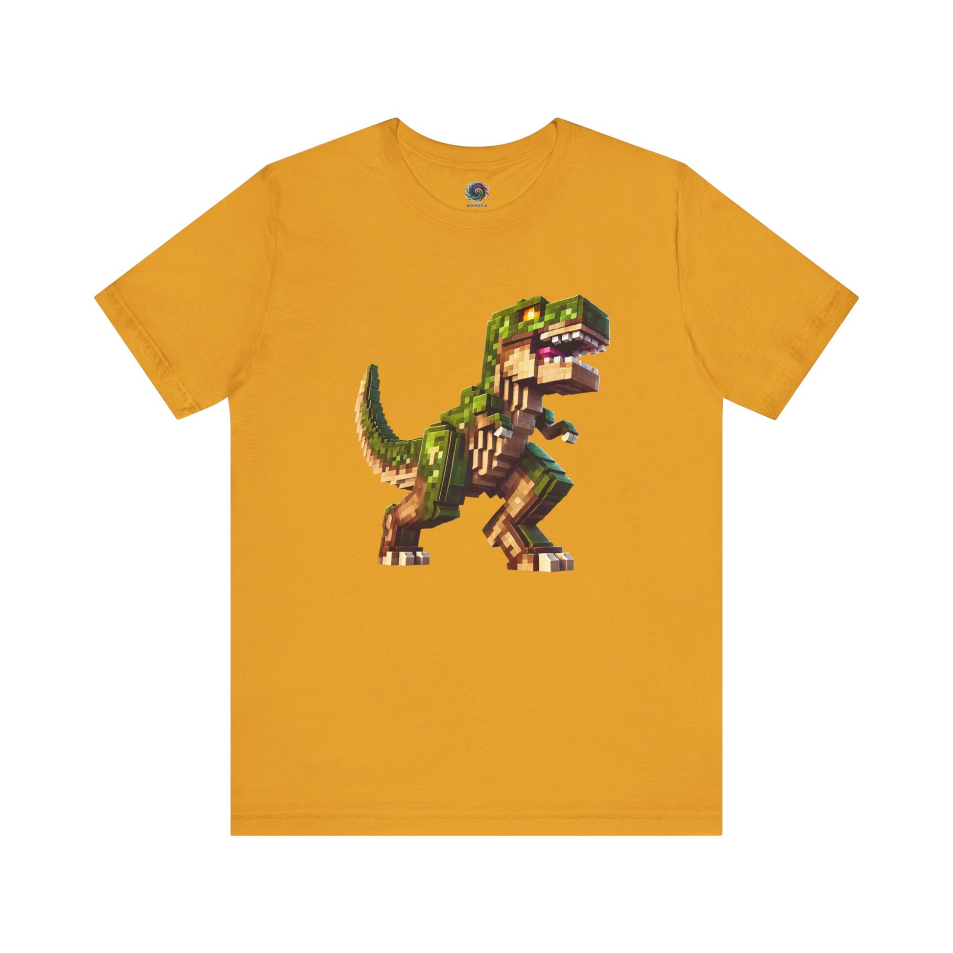 Pixel Dinosaur Graphic T-Shirt – Retro Unisex Tee for Adult Dino Fans in mustard yellow, vintage arcade style dino.