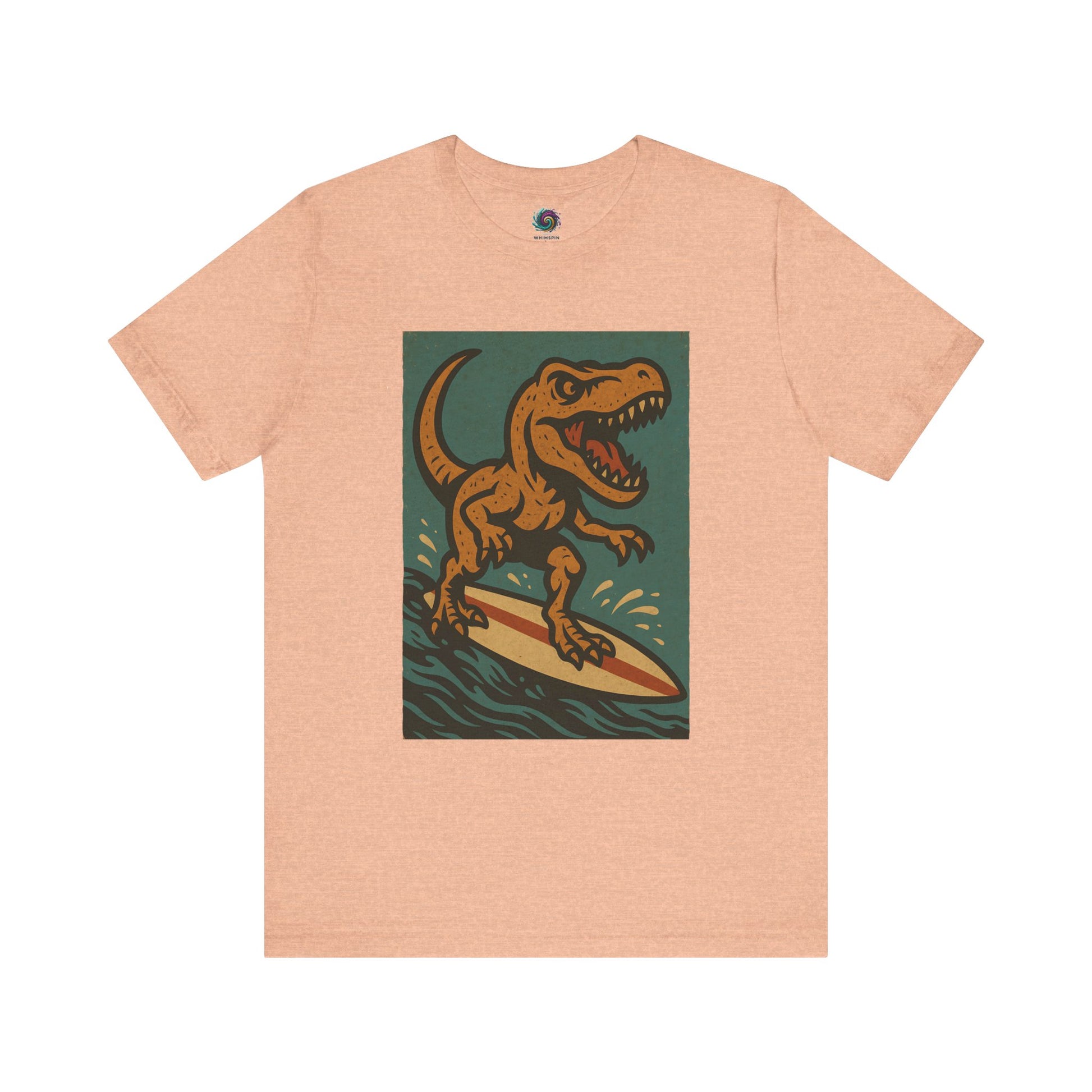Surfing T-Rex T-Shirt – Funny Dinosaur surfing Graphic Tee for Summer Vibes in heather peach, featuring a vintage-style surfing dinosaur — a go-to for beach lovers and surf tees.
