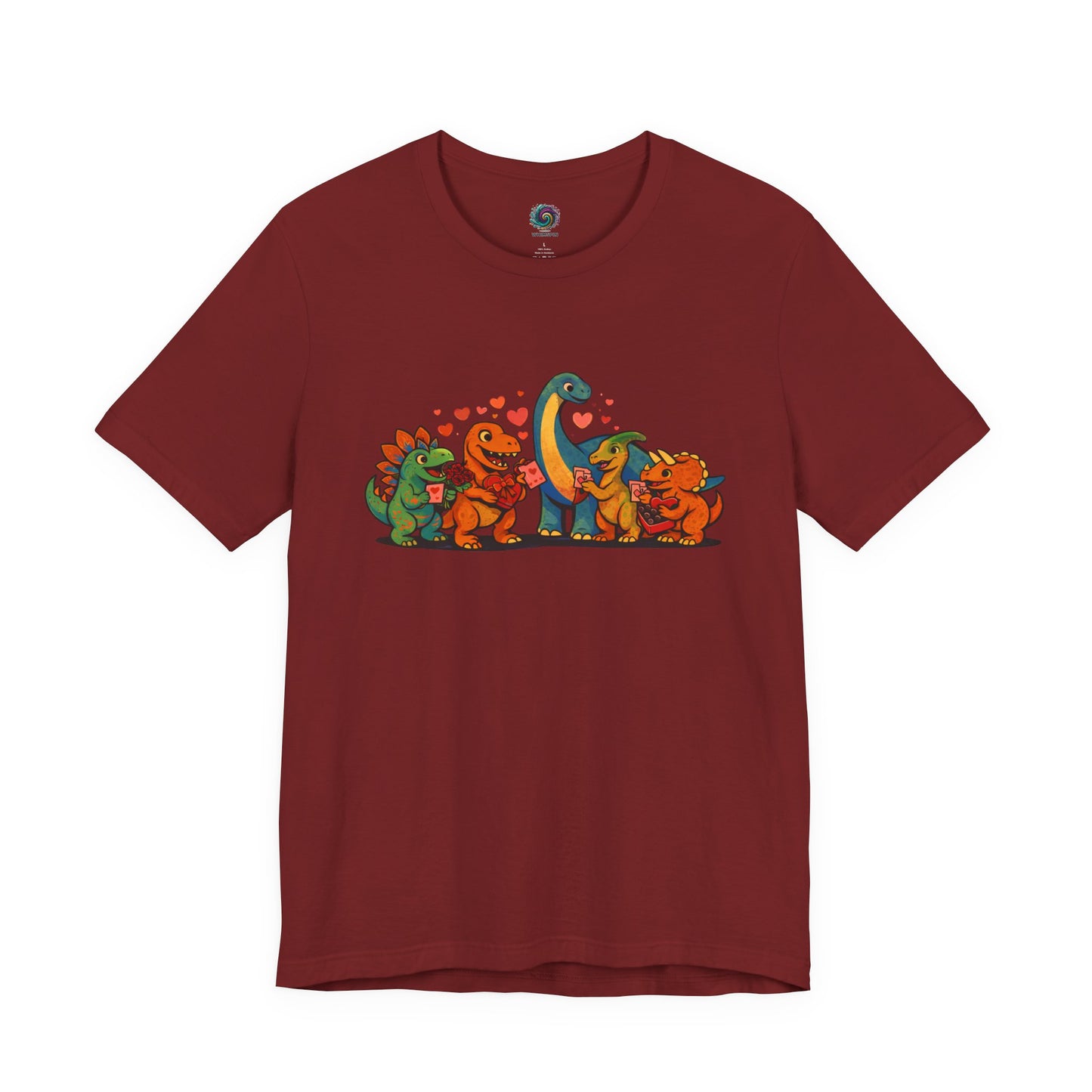 Dinosaur Valentines T-Shirt – Cute Dino Valentine’s Day Tee in Cardinal showcasing cute dinosaurs sharing love in a warm dinosaur valentines palette
