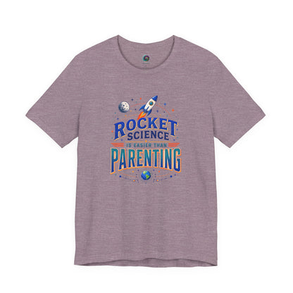 Rocket Science Parenting T-Shirt – Funny Aerospace Parent Tee on heather purple with playful space humor for moms, dads, and aerospace families.