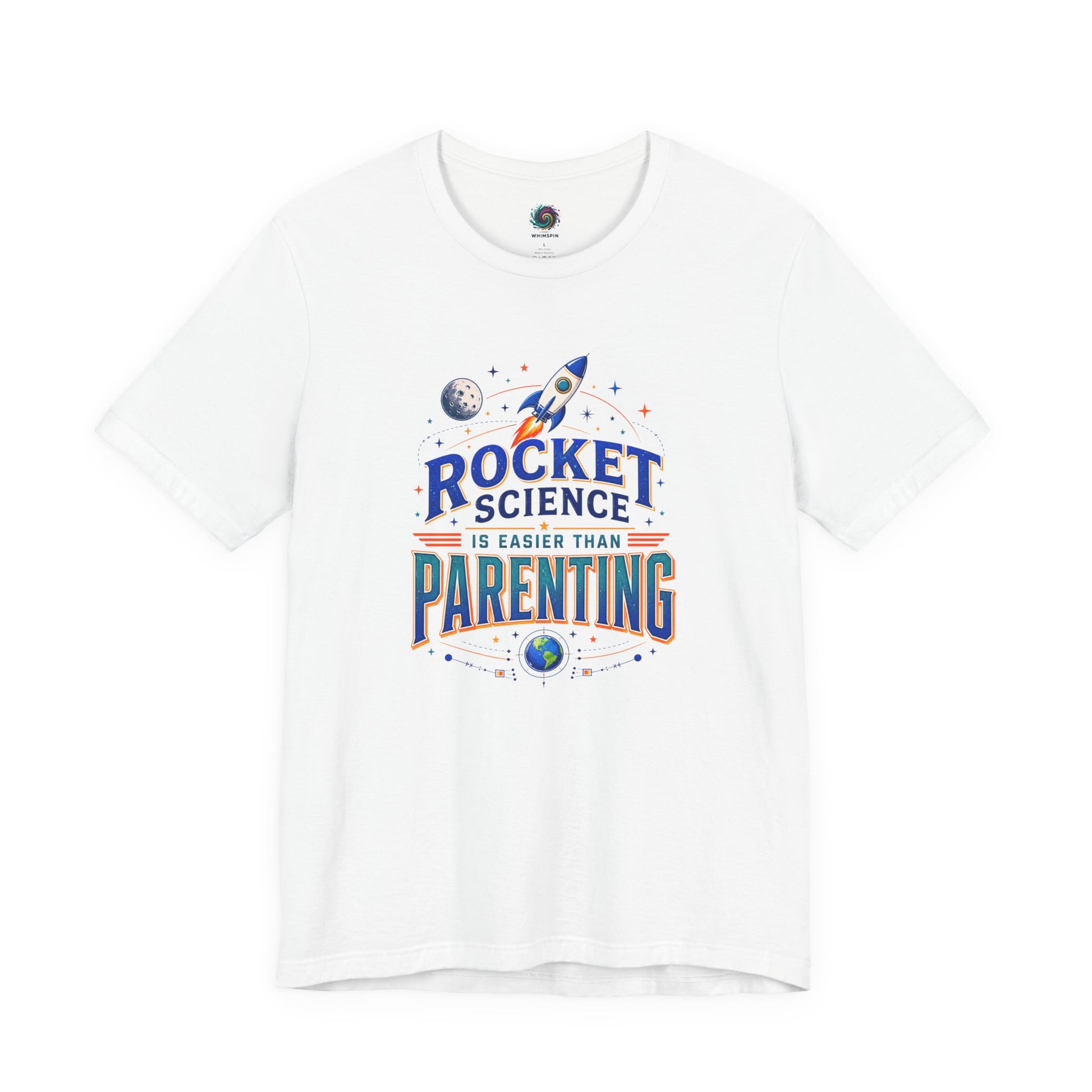 Rocket Science Parenting T-Shirt – Funny Aerospace Parent Tee shown on white with a clever space-themed design for parents in aerospace or science.