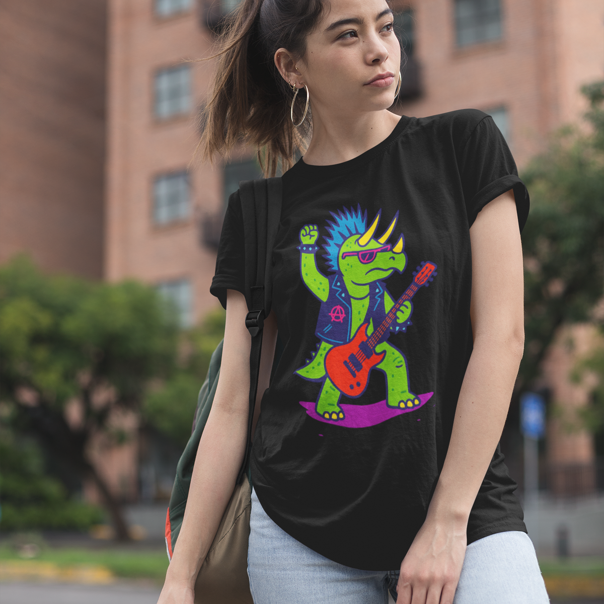 Punk Rock Triceratops T-Shirt – Funny Dinosaur Tee for Adults featuring a punk dinosaur with mohawk and guitar, perfect for fans of dinosaur rockstar and triceratops music style.
