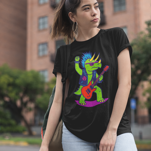 Punk Rock Triceratops T-Shirt – Funny Dinosaur Tee for Adults featuring a punk dinosaur with mohawk and guitar, perfect for fans of dinosaur rockstar and triceratops music style.