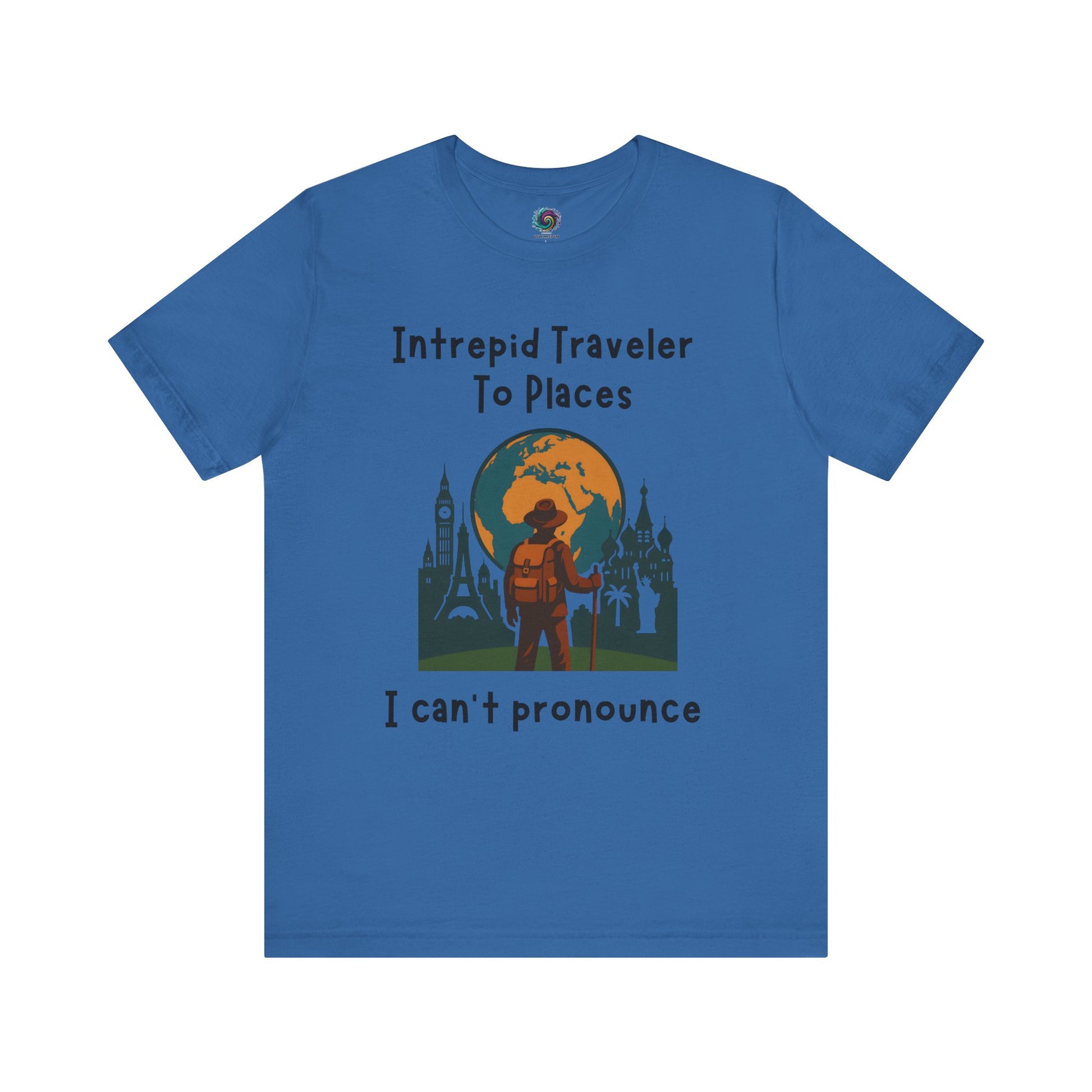 Royal Blue t-shirt with a graphic design and text on a white background for Travelers and global explorers 
