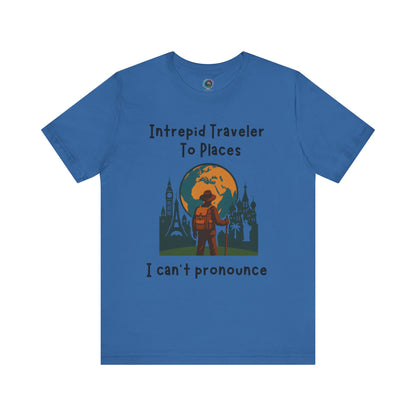 Royal Blue t-shirt with a graphic design and text on a white background for Travelers and global explorers 