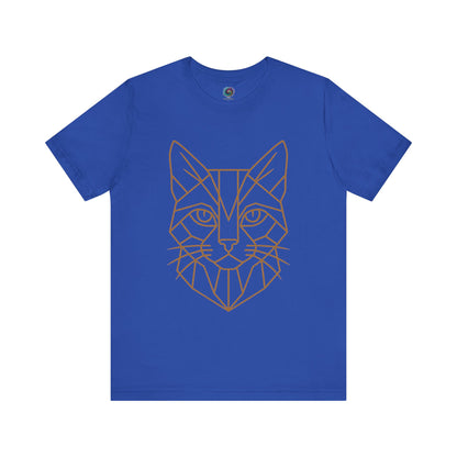 Royal blue t shirt with a cat head drawn in geometric lines - Geometric Cat T-Shirt – Minimalist Line Art Tee from Whimspin