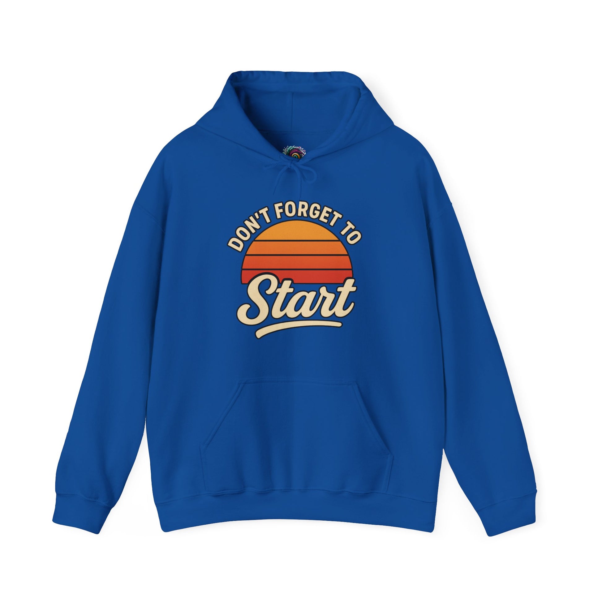 Don’t Forget to Start Hoodie – Retro Sunrise Motivational Sweatshirt in Royal, emphasizing the bright sunrise colors against a bold blue base.