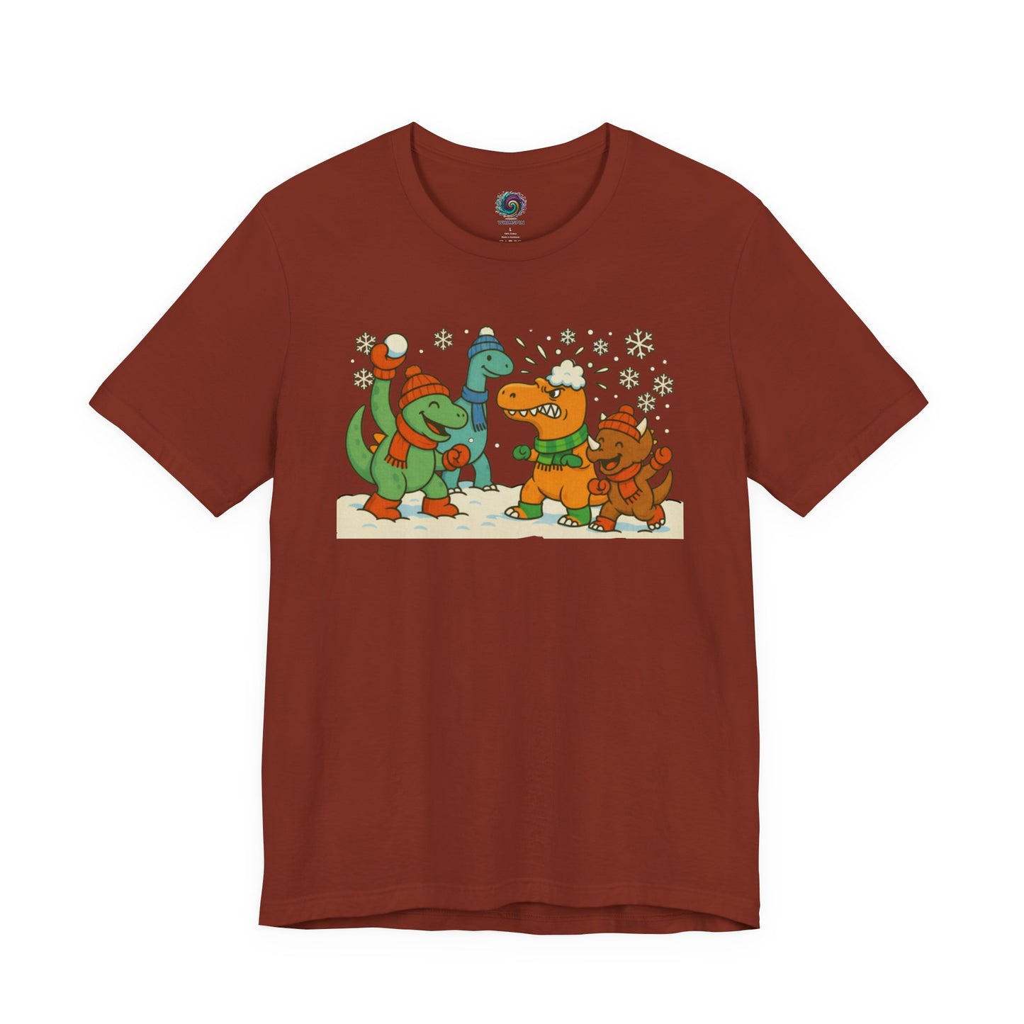 the Dinosaur Snowball Fight T-Shirt – Funny Winter Dino Graphic Tee in Rust, combining a warm seasonal color with winter dino humor.