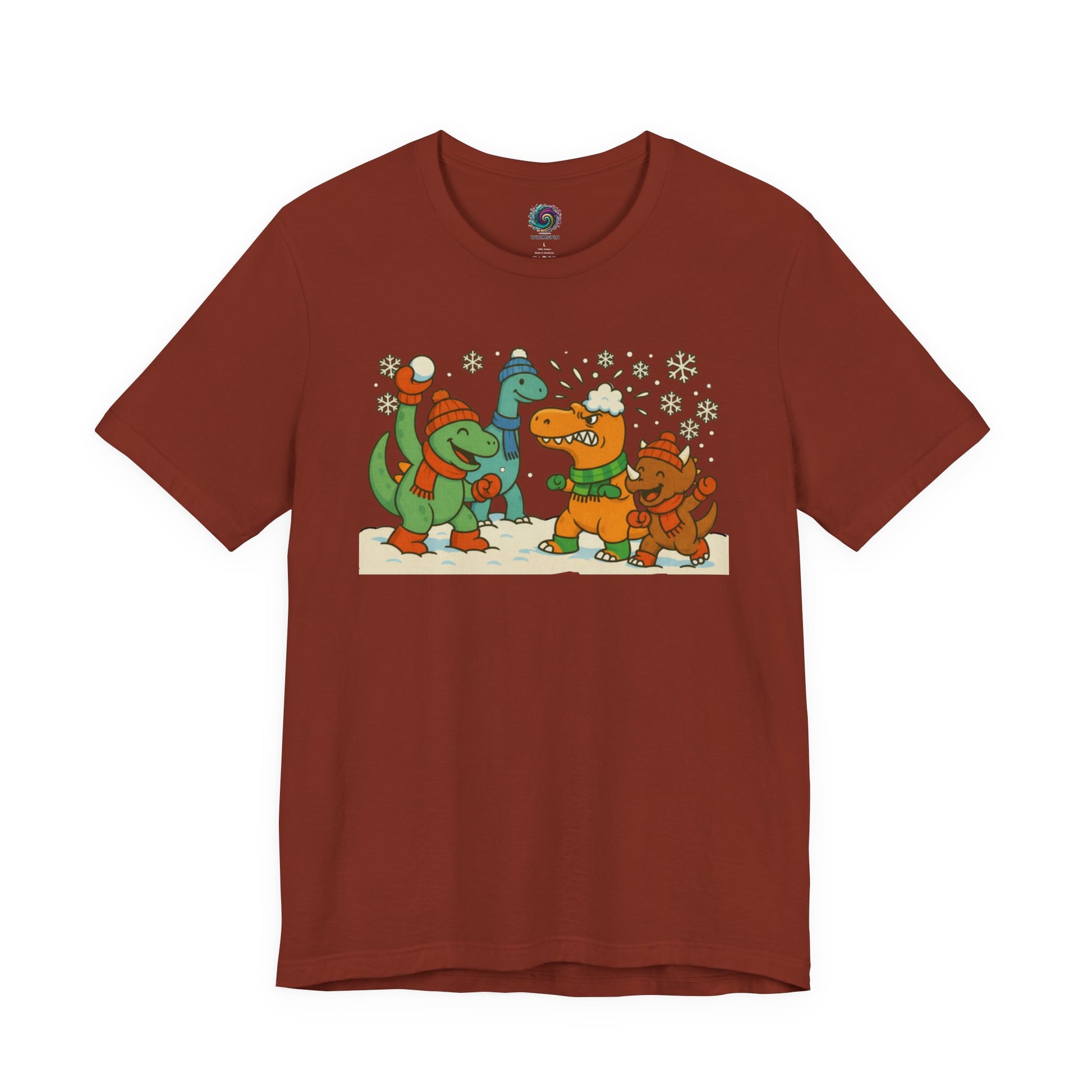 the Dinosaur Snowball Fight T-Shirt – Funny Winter Dino Graphic Tee in Rust, combining a warm seasonal color with winter dino humor.