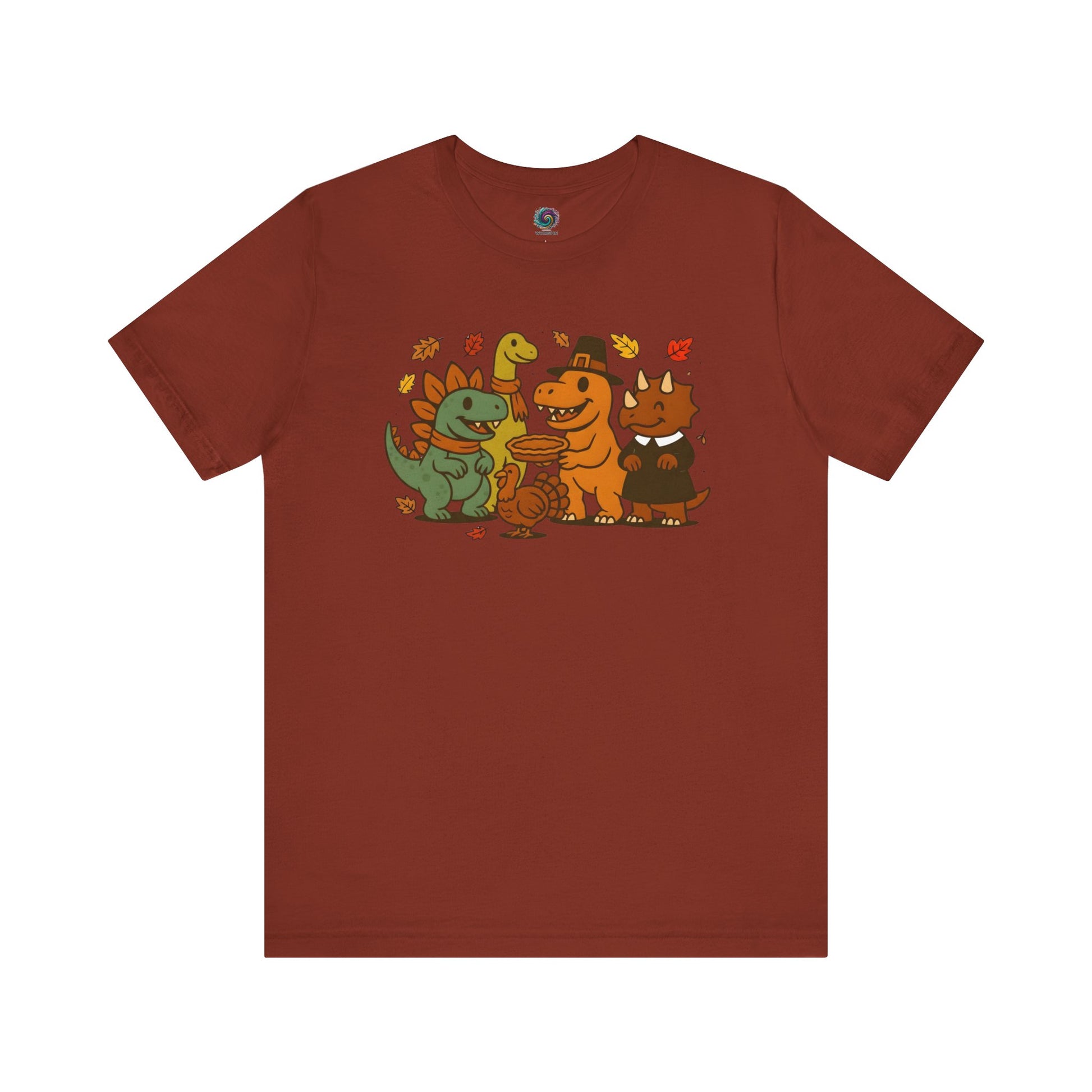 Thanksgiving Dinosaur T-Shirt – Funny Dino Thanksgiving Tee in rich rust orange, perfect for fall gatherings with dinosaurs and turkey artwork.