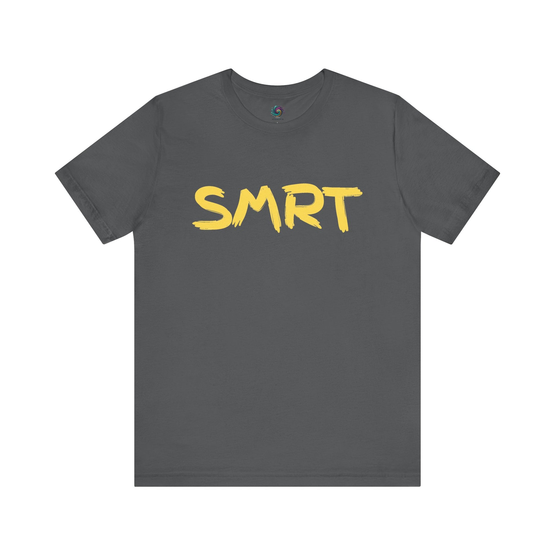 SMRT T-Shirt – Funny Misspelled Smart Shirt in Dark Grey Heather with bold yellow parody text referencing classic cartoon culture