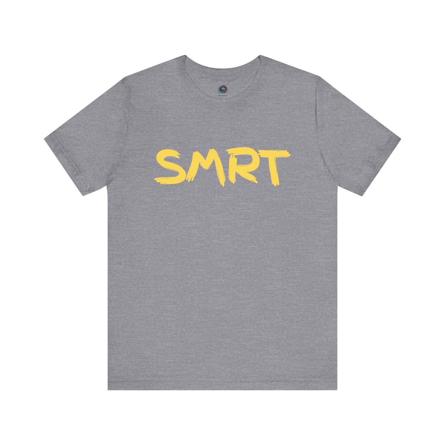 SMRT T-Shirt – Funny Misspelled Smart Shirt in Heather Storm with yellow parody text adding clever contrast and geeky charm
