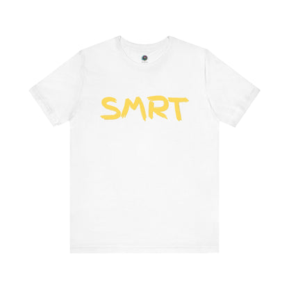 SMRT T-Shirt – Funny Misspelled Smart Shirt in crisp white with sunny yellow text offering a humorous twist on smart branding