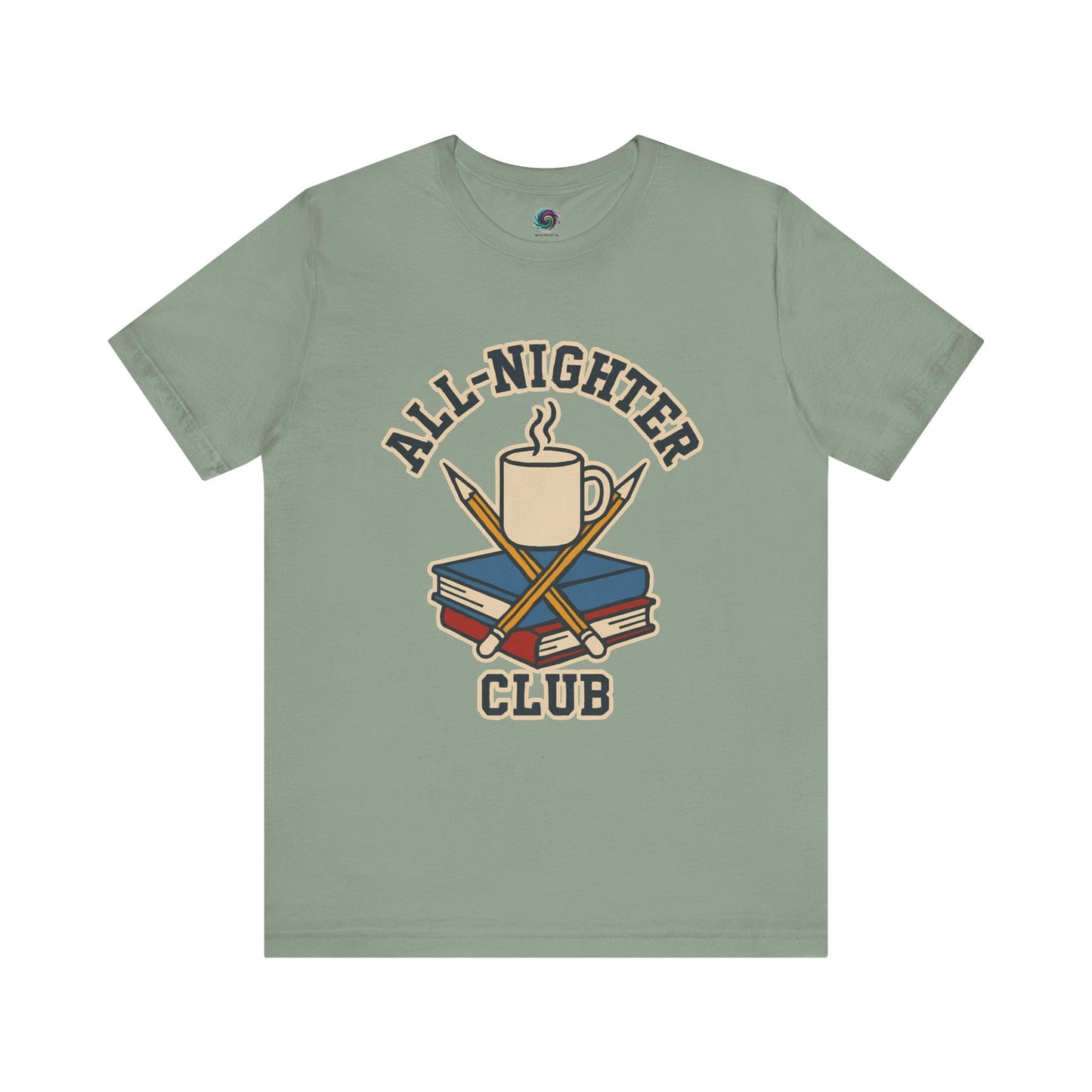  Sage Green t-shirt with 'All-Nighter Club' graphic design on a white background All-Nighter Club T-Shirt – Funny Caffeine & Study Tee for Night Owls