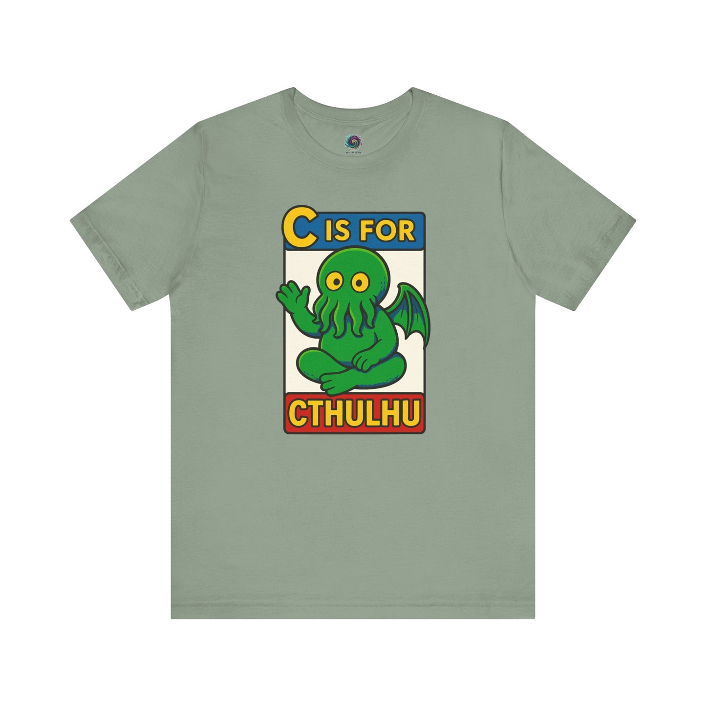 C is for Cthulhu T-Shirt – Lovecraftian Funny Cartoon Tee in sage, flat lay featuring funny Cthulhu cartoon design.