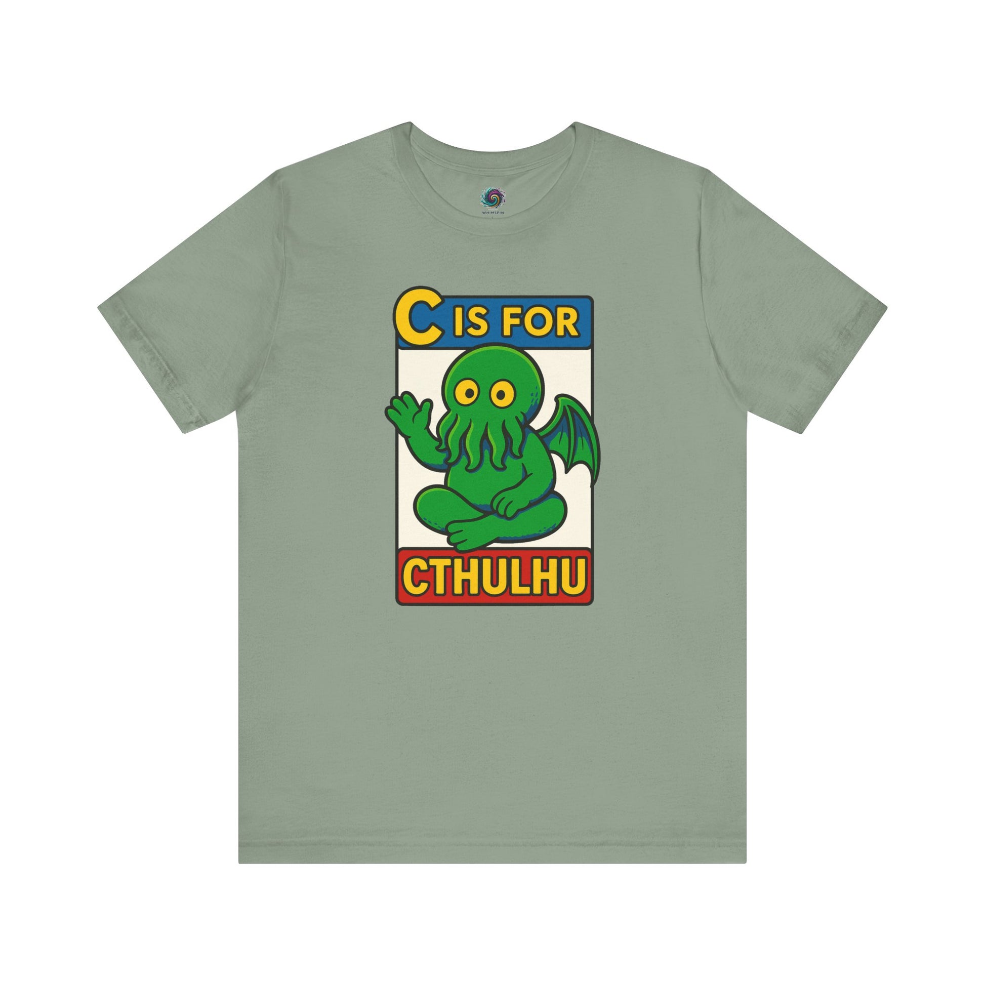 C is for Cthulhu T-Shirt – Lovecraftian Funny Cartoon Tee in sage, flat lay featuring funny Cthulhu cartoon design.