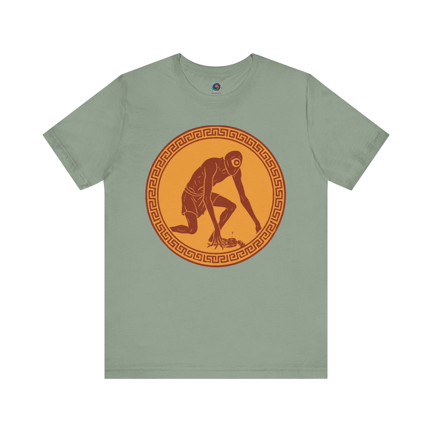 Sage t-shirt with a central red and gold circular design featuring a stylized image of Polyphemus, Cyclops from The Odyssey 